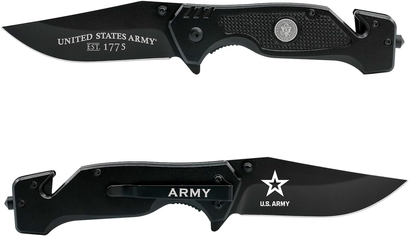 US Army Folding Elite Black Stealth Tactical Knife - Spring Assisted US Army Rescue Knife - Great Gift for the Soldier in your Life - Army Knife Black