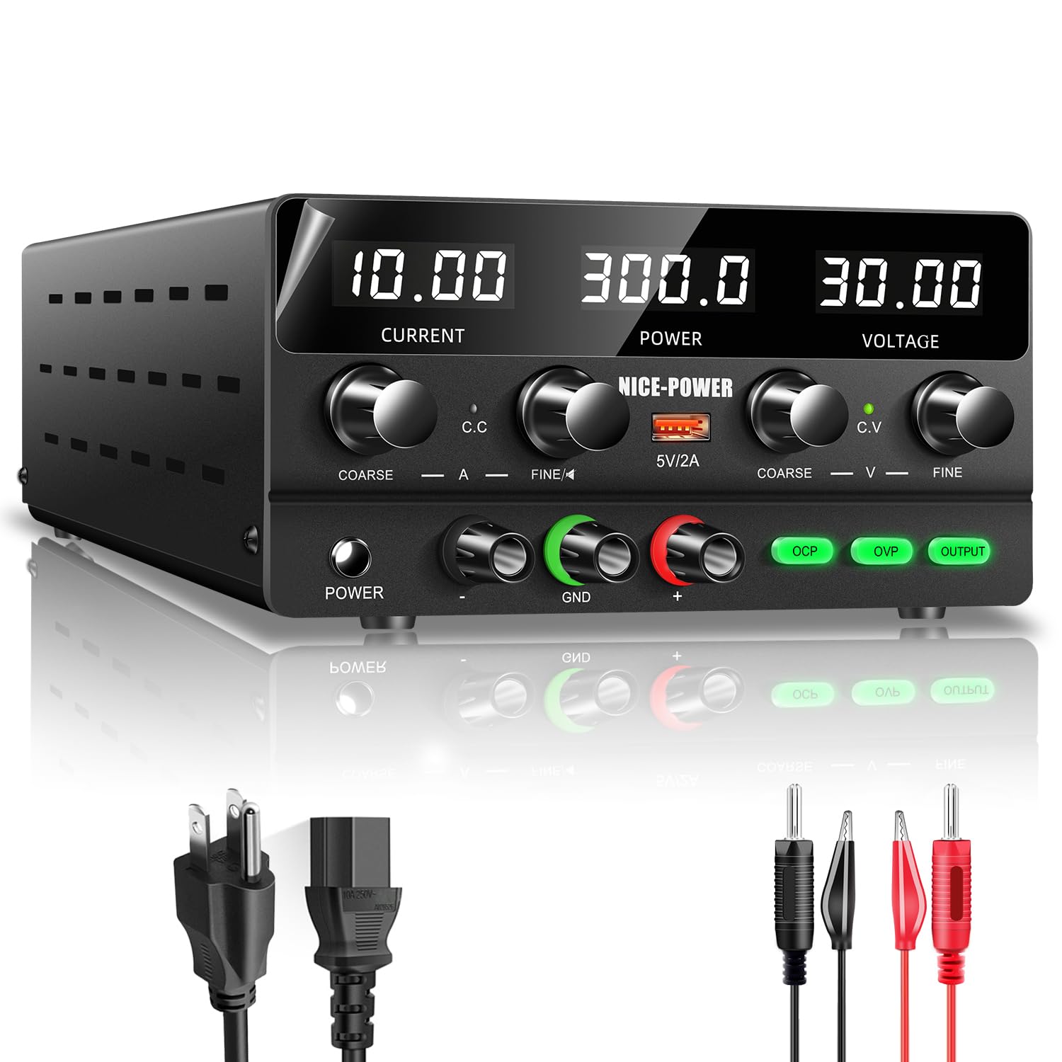 NICE-POWER DC Power Supply Variable 30V 10A, 300W Encoder Adjustable Switching Regulated High Precision 4-Digits LED Display 5V/2A USB Port Bench Lab