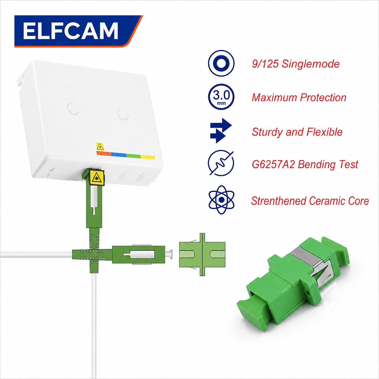 Elfcam® - Cavo Fibra Ottica SC/APC per SC/APC Simplex Monomodale, Fornito con L' adattatore per Allungare cavo fibra, Compatibile con FTTH Fibra, Bianco (1M)