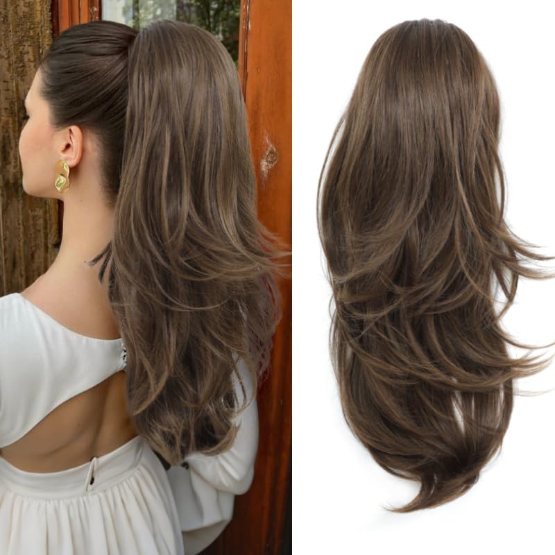 Nexyshe Ponytail Extensions Drawstring Ponytails Hair Extensions 20inch Wavy High Layered Pony Tail Hair Pieces for Women Big Base Hair Ponytail Extension for Ladies