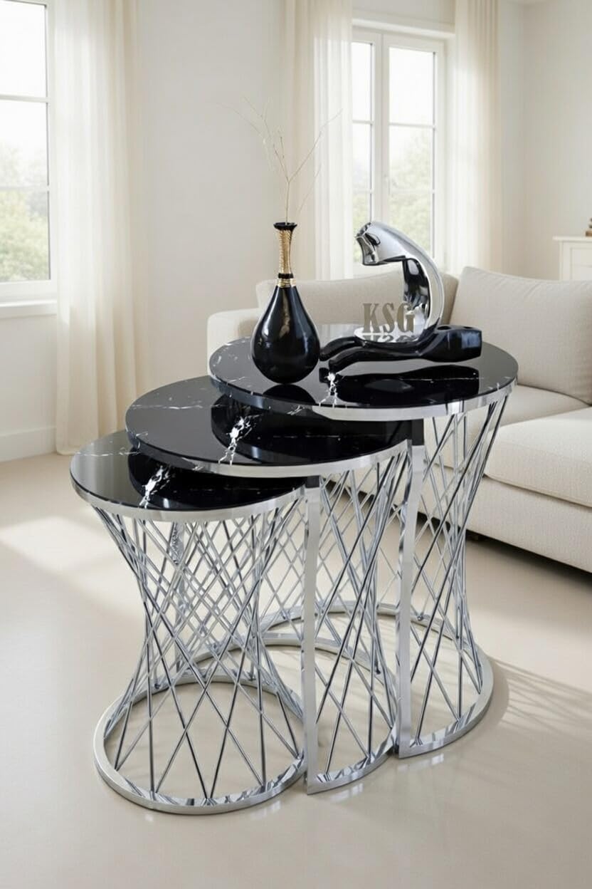 Dubrilux Nest Of Coffee Tables Set Of 3 Pieces, Round Sofa End Nesting Side Stacking Table Gold/Chrome Metal Frame & Tempered Glass Top, For Living Room (Perona)