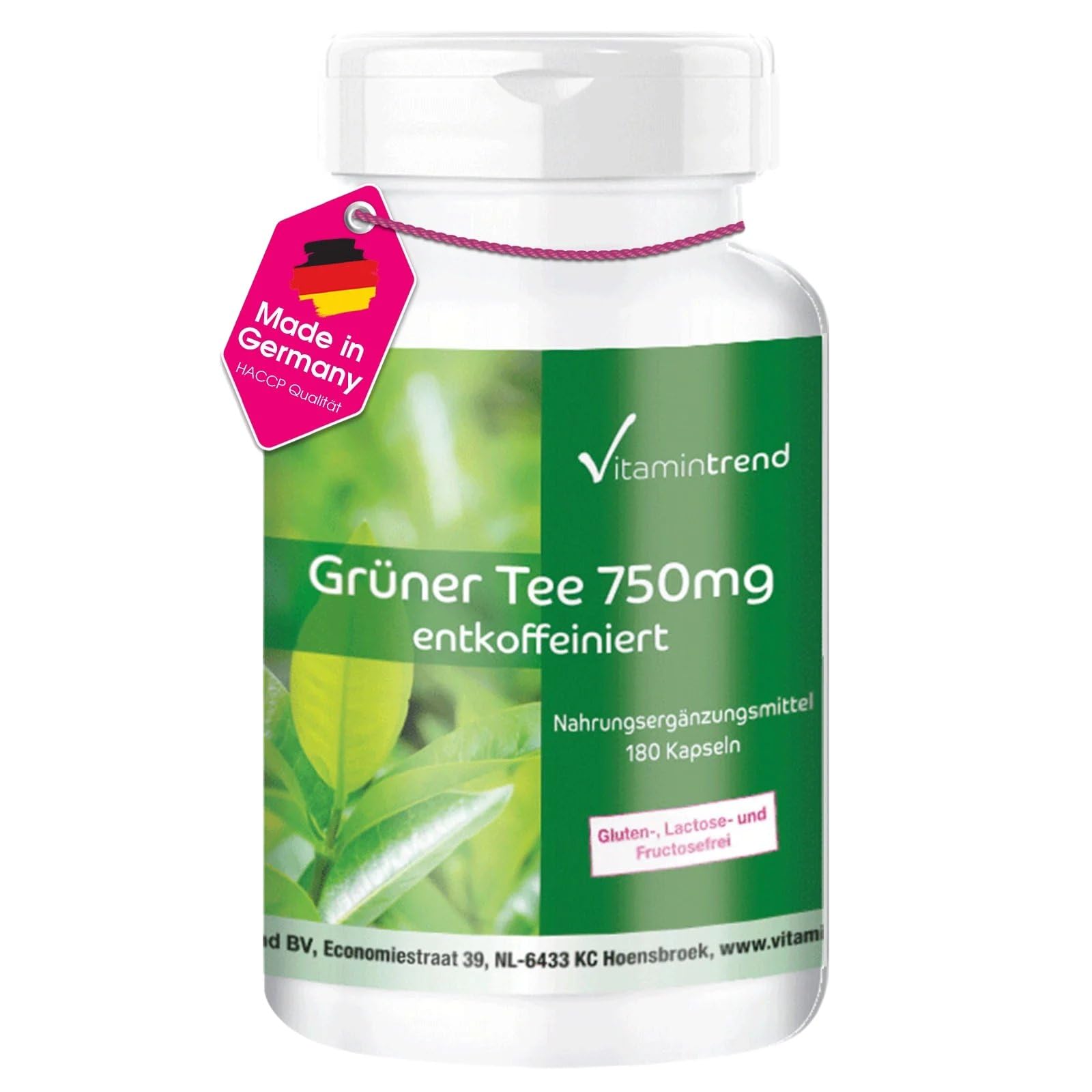 Vitamintrend Grüner Tee Extrakt 750mg, 180 Kapseln, hochdosiert mit 98% Polyphenolen, Nahrungsergänzungsmittel vegan ohne Magnesiumstearat, in Deutschland hergestellt