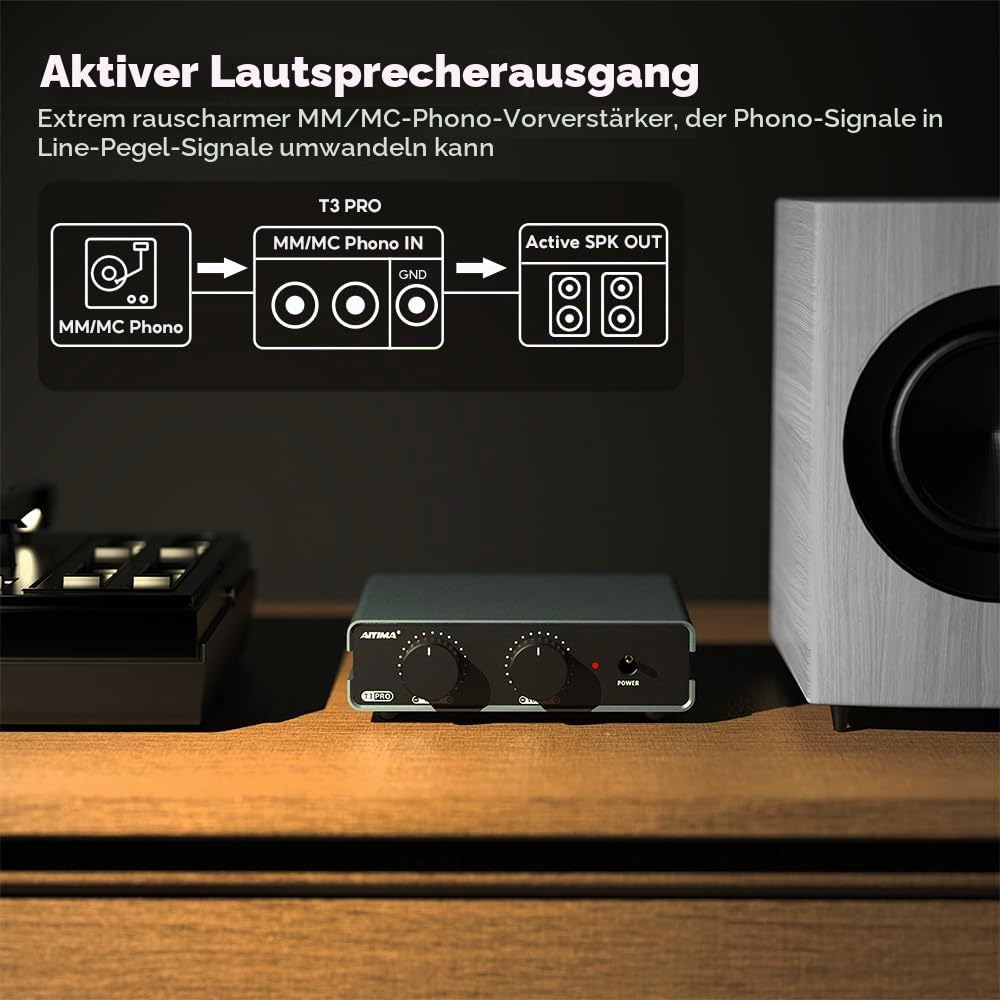 AIYIMA T3PRO MM/MC RIAA Phono-Vorverstärker für Plattenspieler/Schallplattenspieler/Heimverstärker, professioneller Phonographen-Vorverstärker mit Verstärkungs- und Lautstärkeregelung und AC-Netzteil