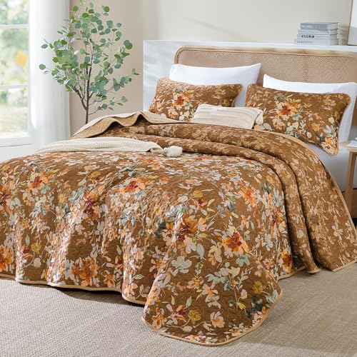 Dobuyly Brown Fall Quilt Set Queen Size Floral Bedspreads Coverlet Set 3 Pieces Soft Lightweight Microfiber Farmhouse Botanical Quilt Bedding Set for All Seasons 96x90