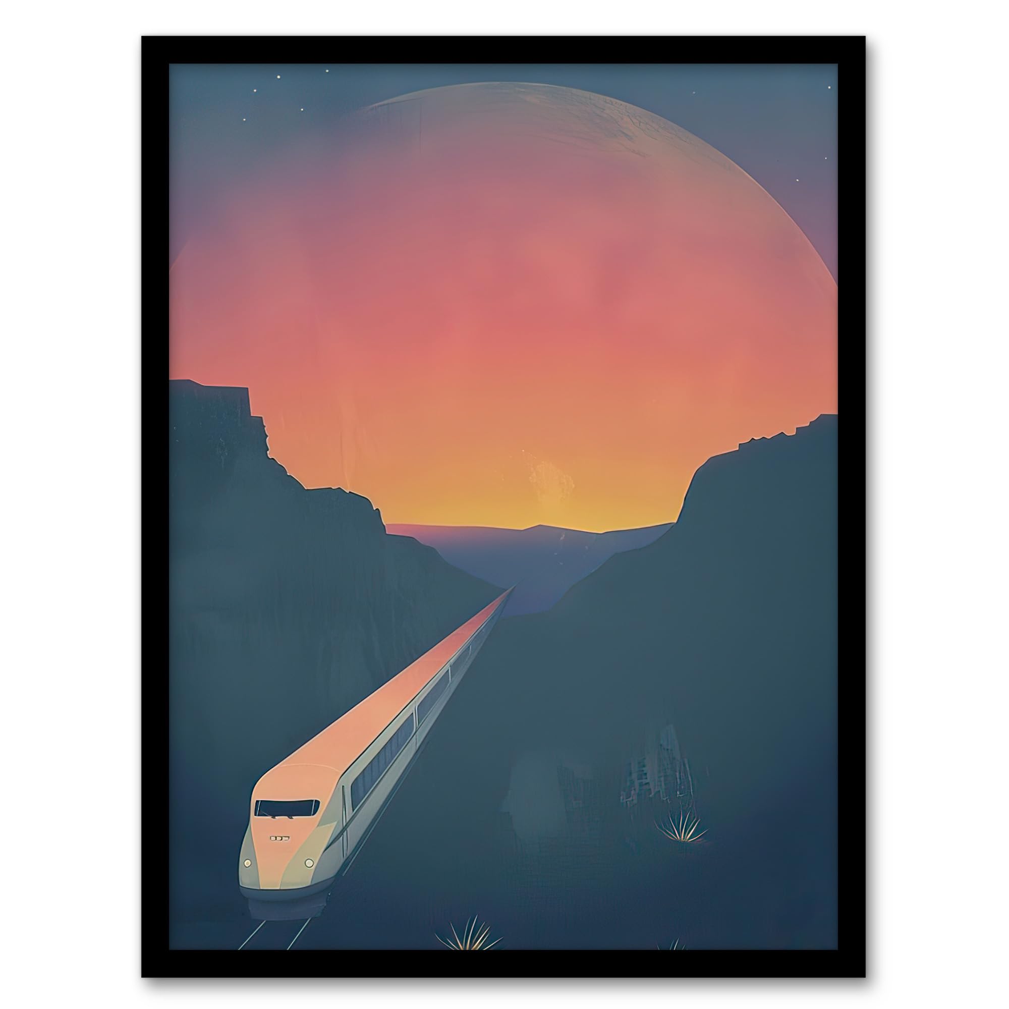 Artery8 Retro Futurism Sci Fi Planet Train Travel Design Living Room Artwork Framed Wall Art Print 18X24 Inch