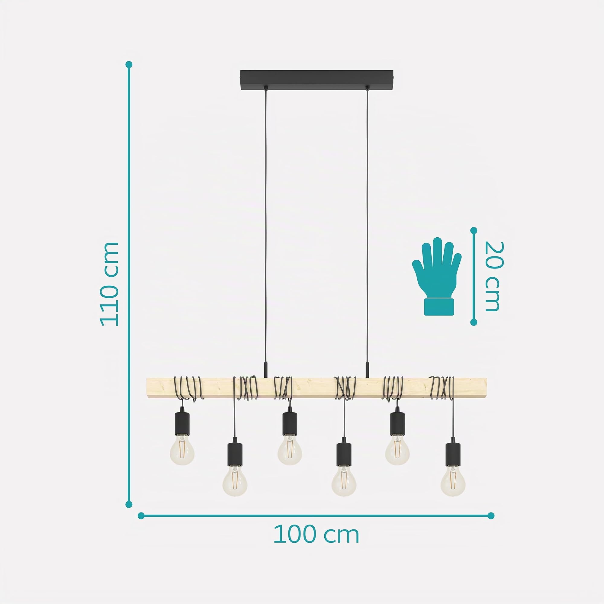 EGLO Pendellampe Townshend 6 flammige Vintage | Pendelleuchte im Industrial Design, Retro Hängelampe aus Stahl und Holz, Farbe Schwarz, braun, FSC zertifiziert, E27