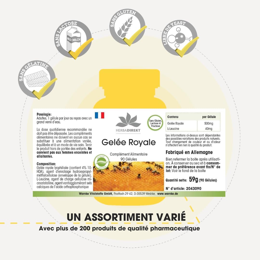 Gelée Royale 2000 mg - Extrait 4:1 500 mg - 90 gélules | Herba Direkt - Qualité des pharmacies allemandes