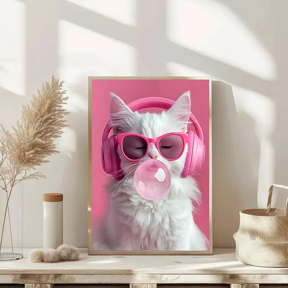 Amazon.co.jp: WGYANHY 楽しい猫ポスタープリント、モダンなピンクの猫