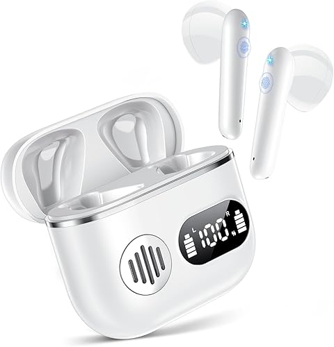 Wireless Earbuds 2025 Sport Bluetooth Headphones Stereo Earphones with ENC Mic Wireless Earphones In Ear Earbuds with Dual LED Display, 48H Playtime, Running Headphones IP7 Waterproof, Ceramic White