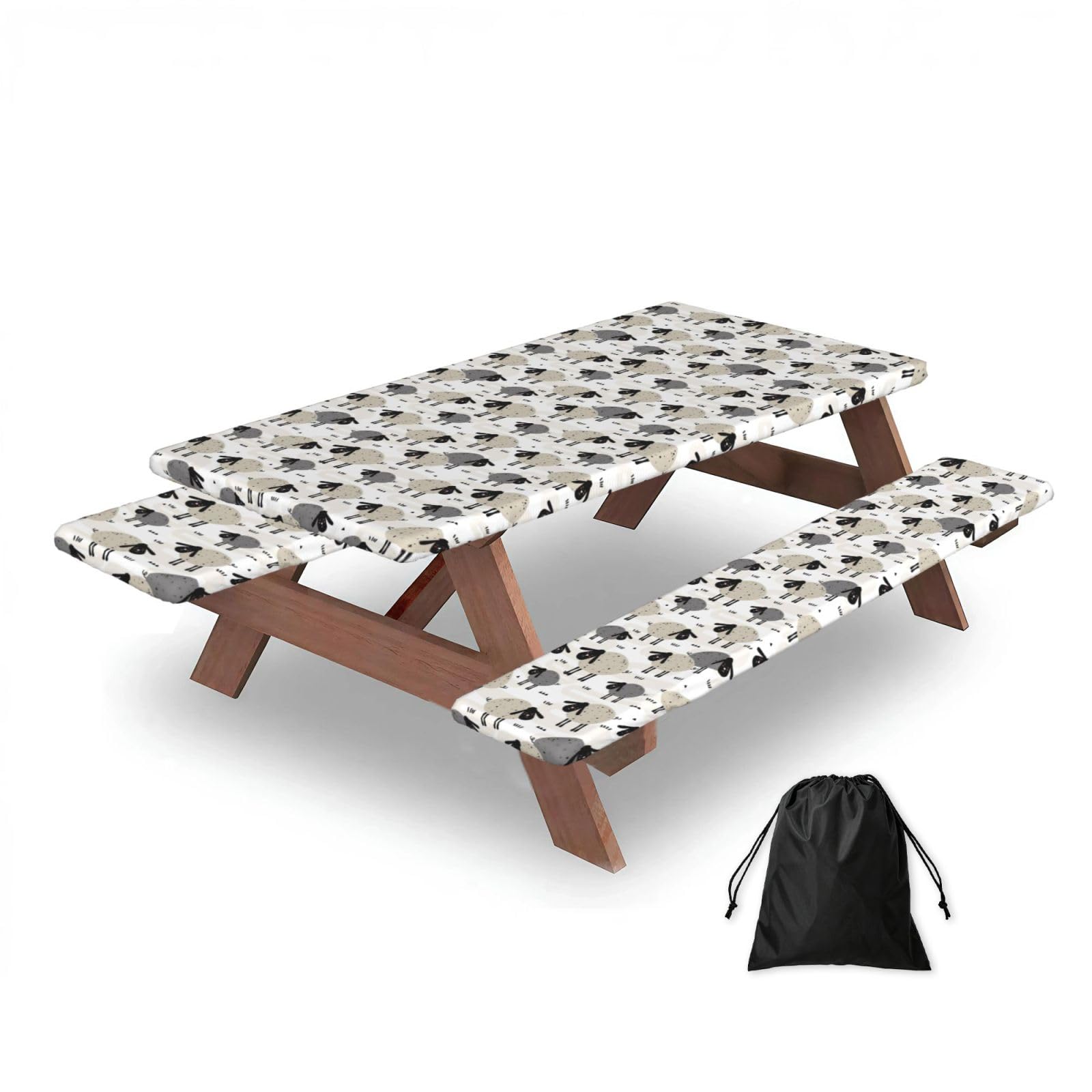 Dopklna As Picture Sheeps, Picnic Table Cover With Bench Covers -Waterproof Elastic Fitted Tablecloth For Garden Camping Patio 76X152cm