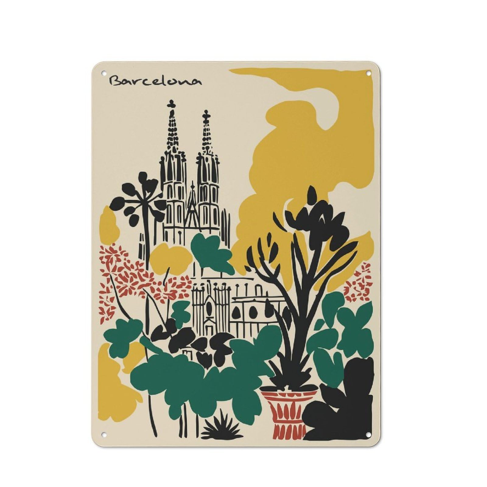Junmoney Style-23 Tin Wall Plaque 40X30cm With Barcelona Cityscape With Floral Elements For Guest Room Or Hallway, A Decorative Christmas Gift For Home Decor Collectors