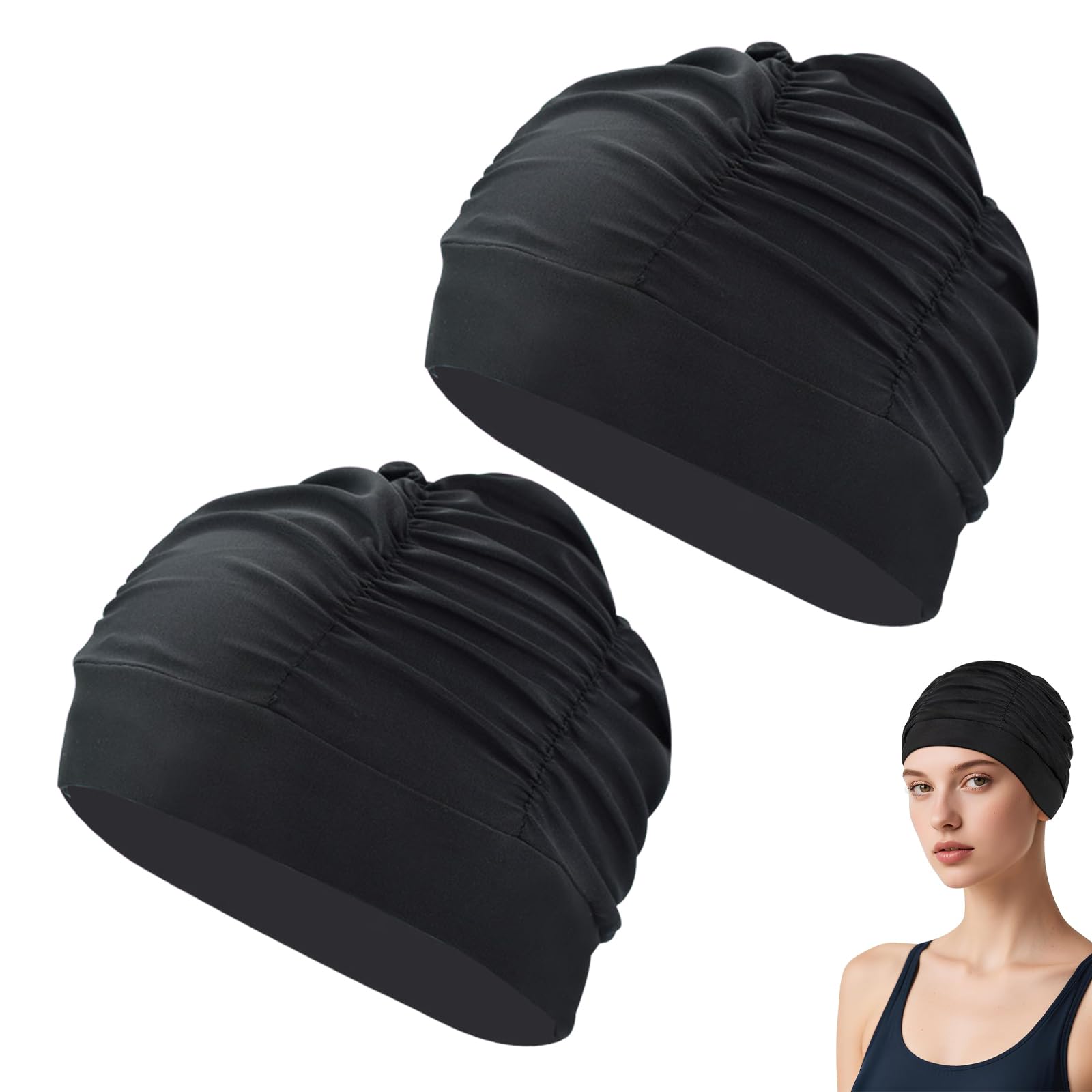 Cuffia da nuoto da donna, 2 pezzi, in tessuto elastico in poliestere, traspirante, per donne e capelli spessi, estivi, piscina coperta, spiaggia, vacanze