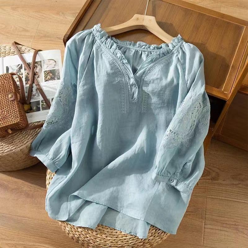 Women's Cotton Linen Button Short Sleeve Shirt Loose Summer Casual Crewneck Boho Top Embroidered Blouse Tops - Image 3