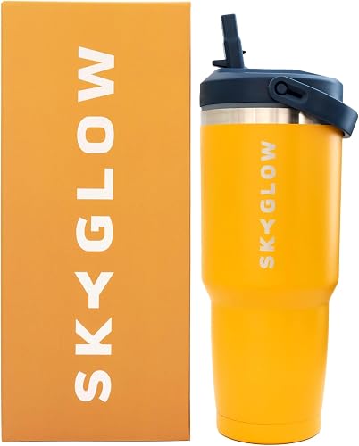 SkyGlow -Stainless Steel Tumbler with Straw, Vacuum Insulated Water Bottle SkyGlow nsulated tumbler Double Walled Vacuum Office, Home, Sport or Car, Travel Mug 887ML Leakproof (Orange)