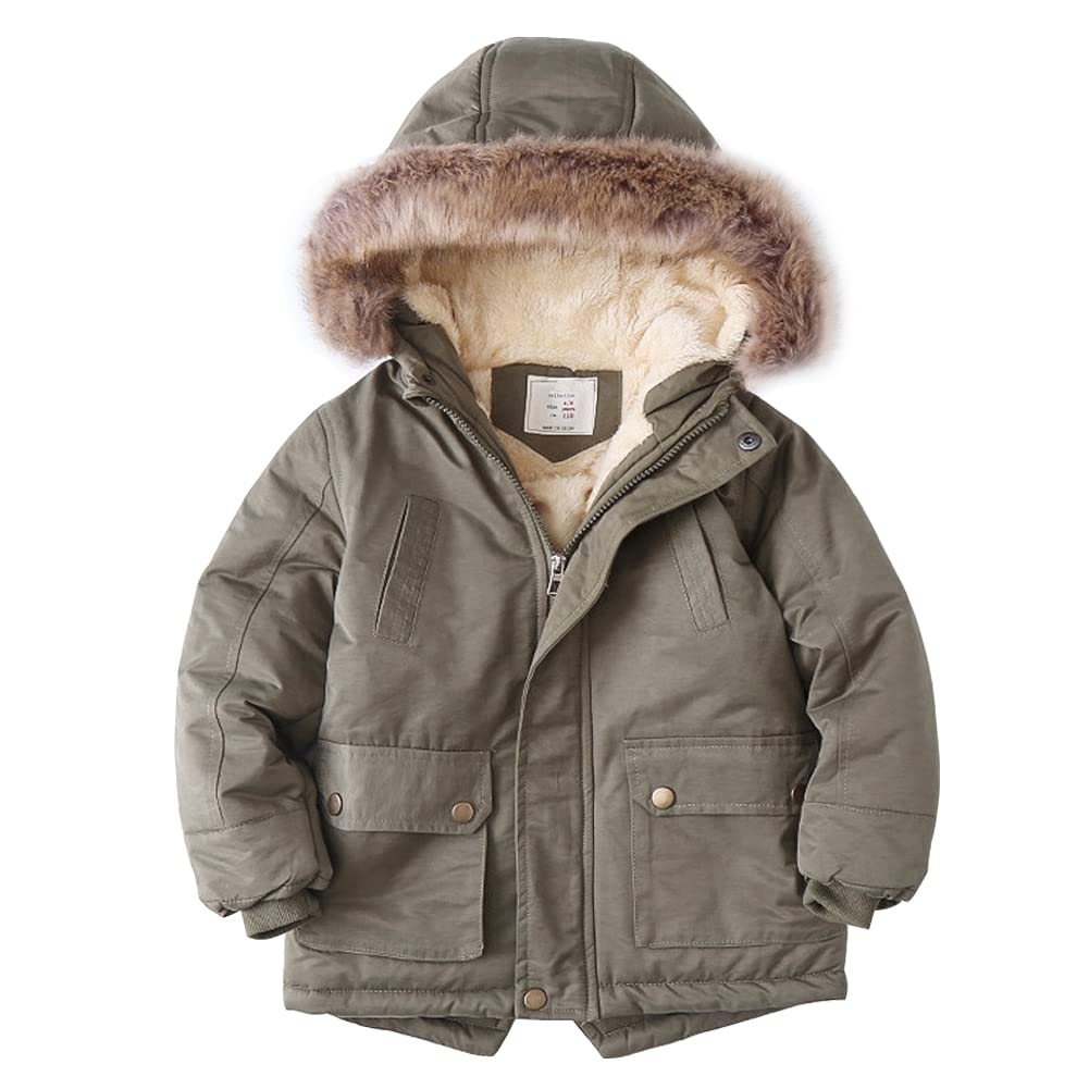 Chaqueta de Invierno Ropa Cazadora para Niños, Resistente al Viento, con Capucha, de Forro Polar Grueso, para Exteriores, de Algodón, Cuello de Piel, Monocolor, Verde, 152/158 cm