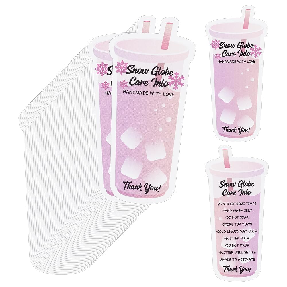 BENECREAT 60 Pack Snowglobe Tumbler Care Cold Cup Care Instructions, Pink Cup-Shaped Paper Care Cards for Small Business Packaging, Online Shops & Gift Box Inserts