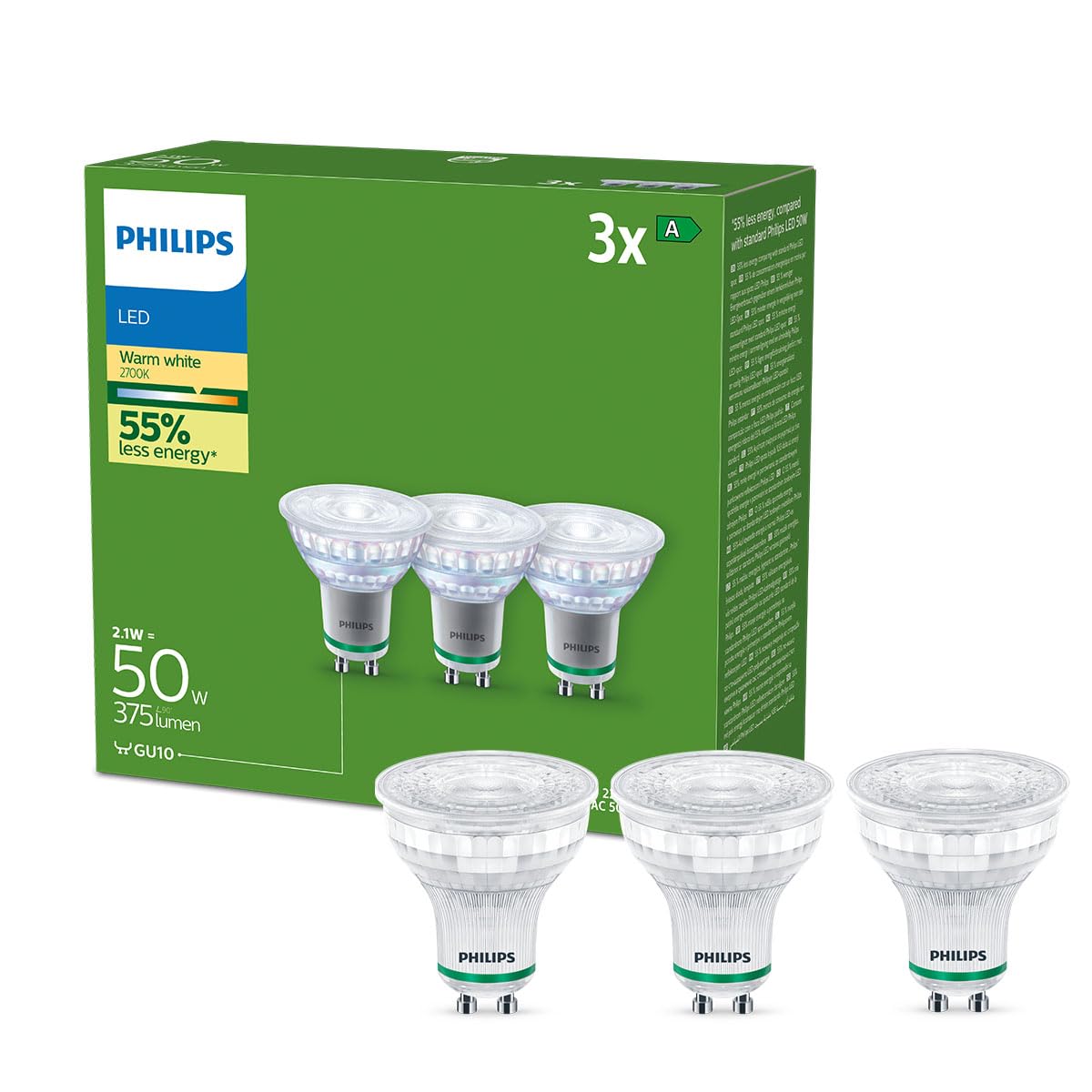 Philips Lighting - Ultra-efficient LED LED Bulb (3 Pack), GU10, 2.4w (Eq. 50w), Cold White Light (4000K) - Energy Efficiency B