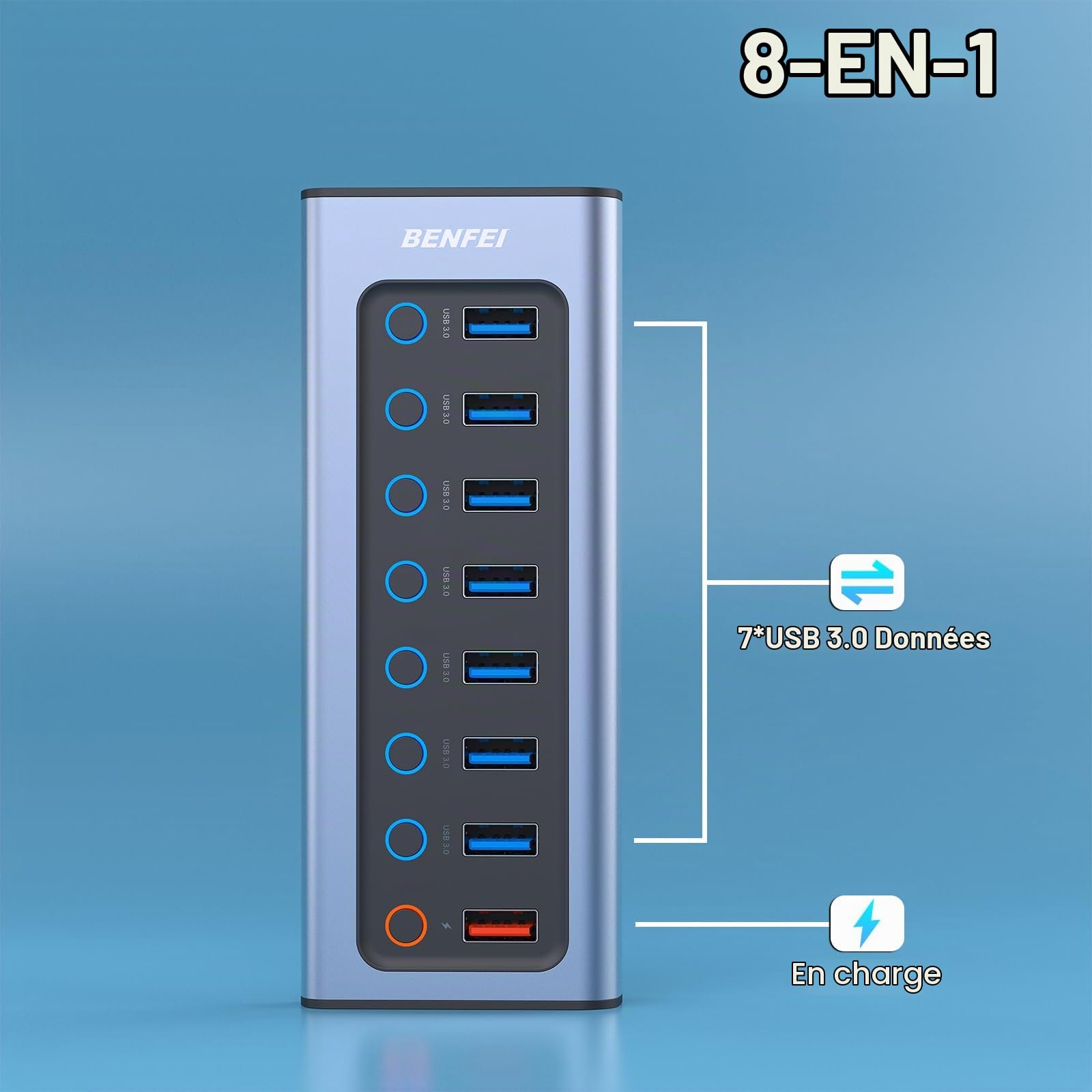 BENFEI Hub USB alimenté, hub répartiteur USB 3.0 8 Ports (7 Ports de Transfert de données Plus Rapides + 1 Port de Charge) avec Adaptateur Secteur et interrupteurs Marche/arrêt LED individuels