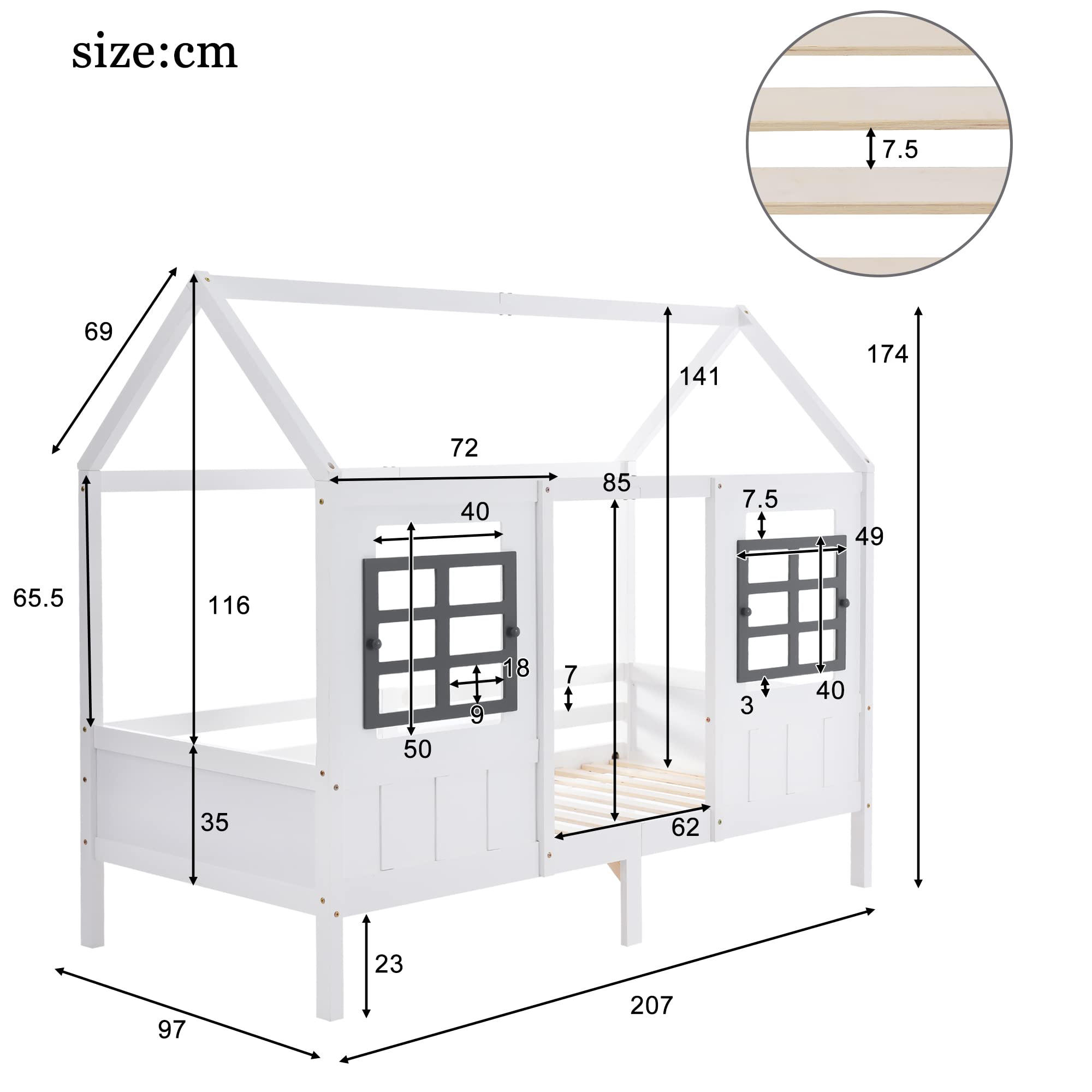Hausbett Spielbett 90x200, Vielseitiges Kiefernrahmen Kinderbett Spielbett für Jungen & Mädchen - Kinder Bett mit Rausfallschutz und Lattenrost