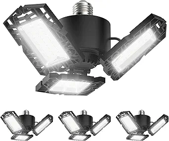 4-Pack LED Garage Lights, 50W LED Shop Light with 3 Ultra Bright Adjustable Panels, 5000LM 6500K Deformable Ceiling Lights for Garage, Attic, Basement, E26/E27 Base