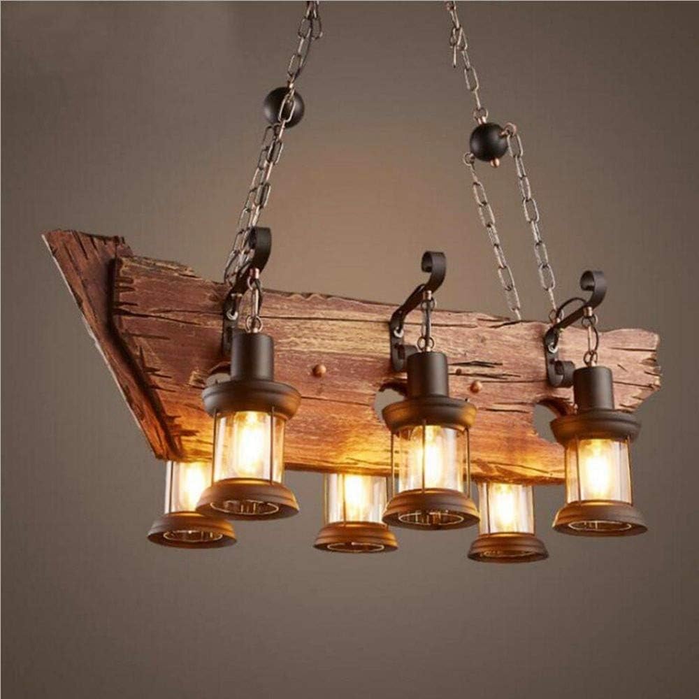 NIUYAO 6 Heads Vintage Wooden Lantern Chandeliers,Retro Industrial Style Island Light Pendant Hanging Light for Dining Rooms,Chandeliers for Living Room
