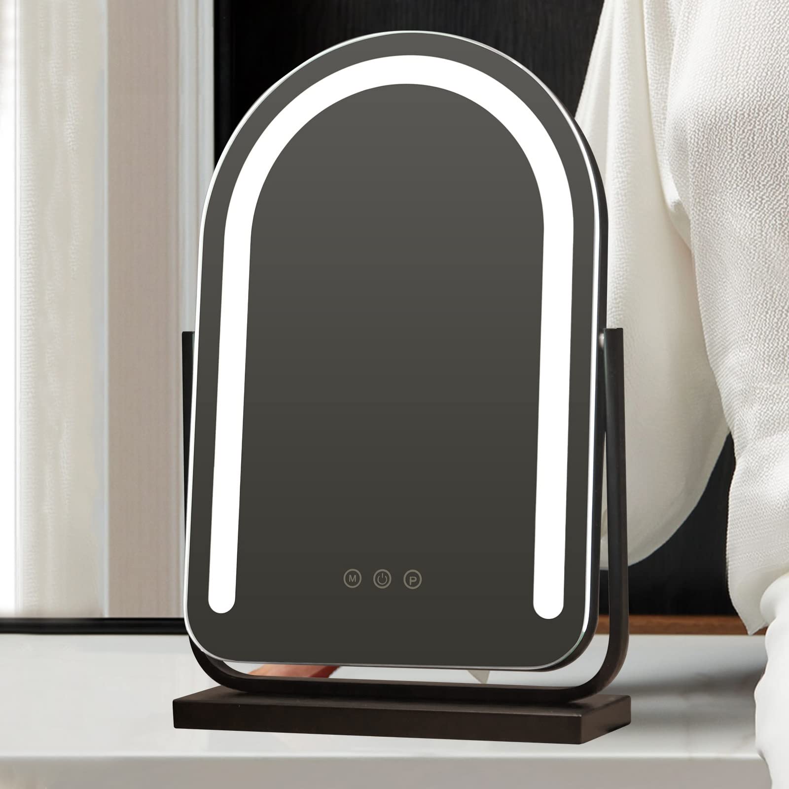 LED-Make-up-Spiegel mit 3 Beleuchtungen, M-Touch-Sensor, gewölbtes ovales Design, schwarzer Vani-Tischspiegel für flless Make-up-Anwendung, ideal für Zuhause und Reisen