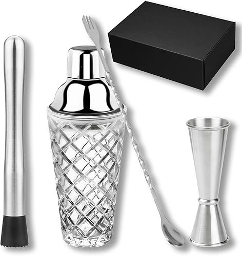 Gbuxska Juego de coctelera plateada, kit de barman de vidrio prémium con jigger medidor, cuchara mezcladora y muddler