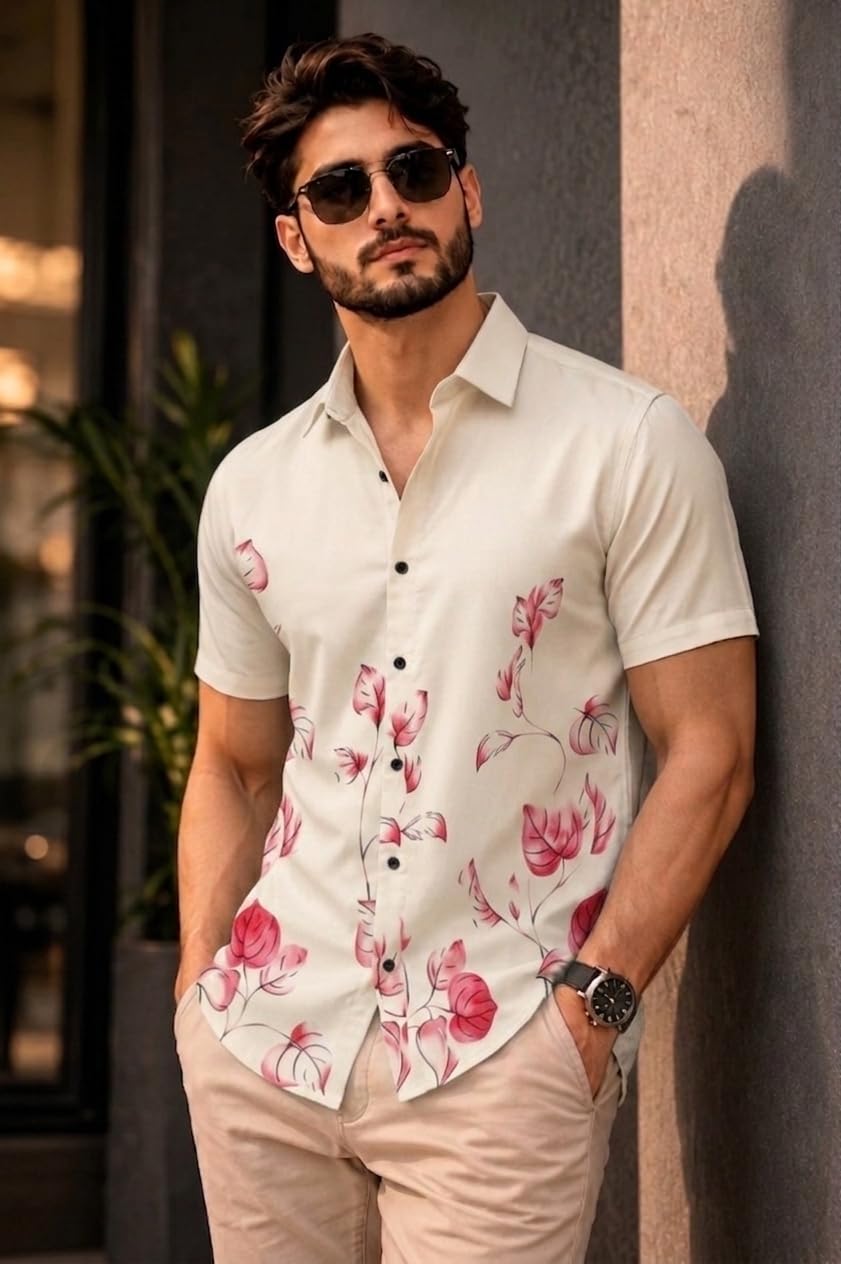 Men's Floral Print Short Sleeve Shirt, White with Pink Botanical Design, Casual Button-Up-picture-19