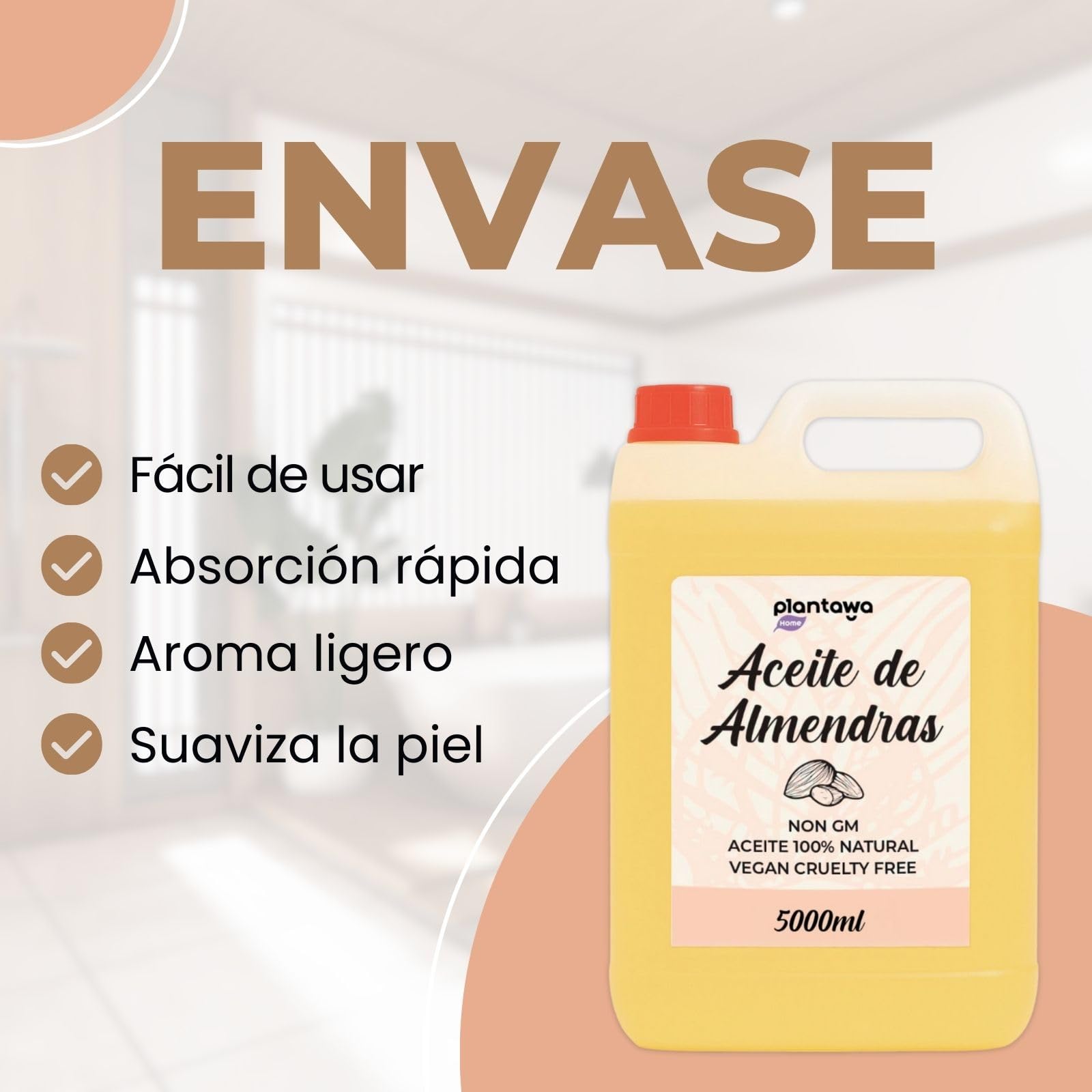 PLANTAWA Aceite de Almendras Dulces 5L | 100% Natural Puro Prensado en Frío | Hidratante Corporal Piel Sensible y Bebé | Masajes, Embarazo y Estrías | Cabello, Cutículas y Desmaquillante