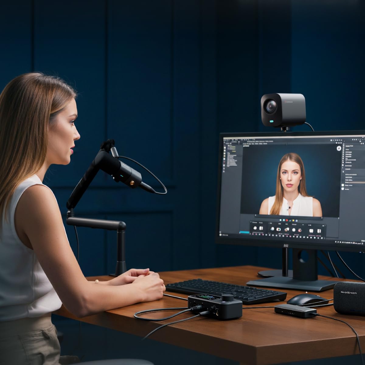 NearStream PodPro Solo Podcast Kit Podcast con 1 VM20 4K Streaming, 1 microfono AM25X, 1 braccio boom ST20, 1 mixer audio AMIX40U, 1 treppiede per fotocamera e 2 cavi XLR, per live stream/podcast