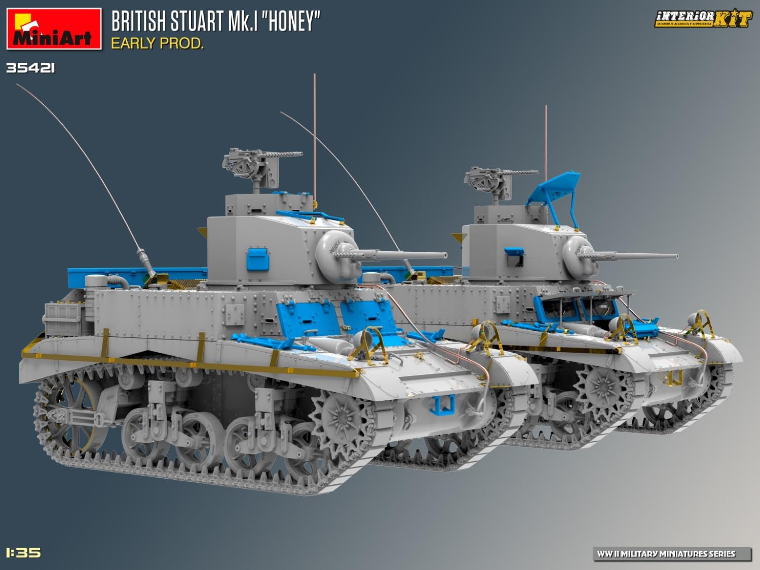 MiniArt 35421 1:35 Brit. Stuart Mk.I con interno – riproduzione fedele all'originale, modellismo, kit di costruzione in plastica, artigianato, hobby, incollaggio, modellismo, assemblaggio, non