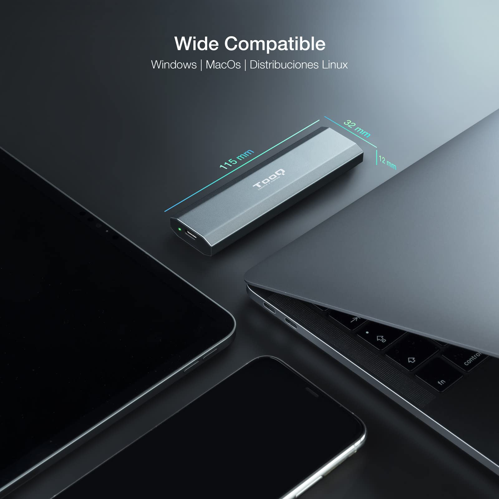 TOOQ TQE-2223G obudowa do dysku SSD M.2 NVMe PCIe, złącze USB-C (USB 3.1 Gen2 10 Gb/s), aluminium, łatwe otwieranie, kolor szary, 42 g.