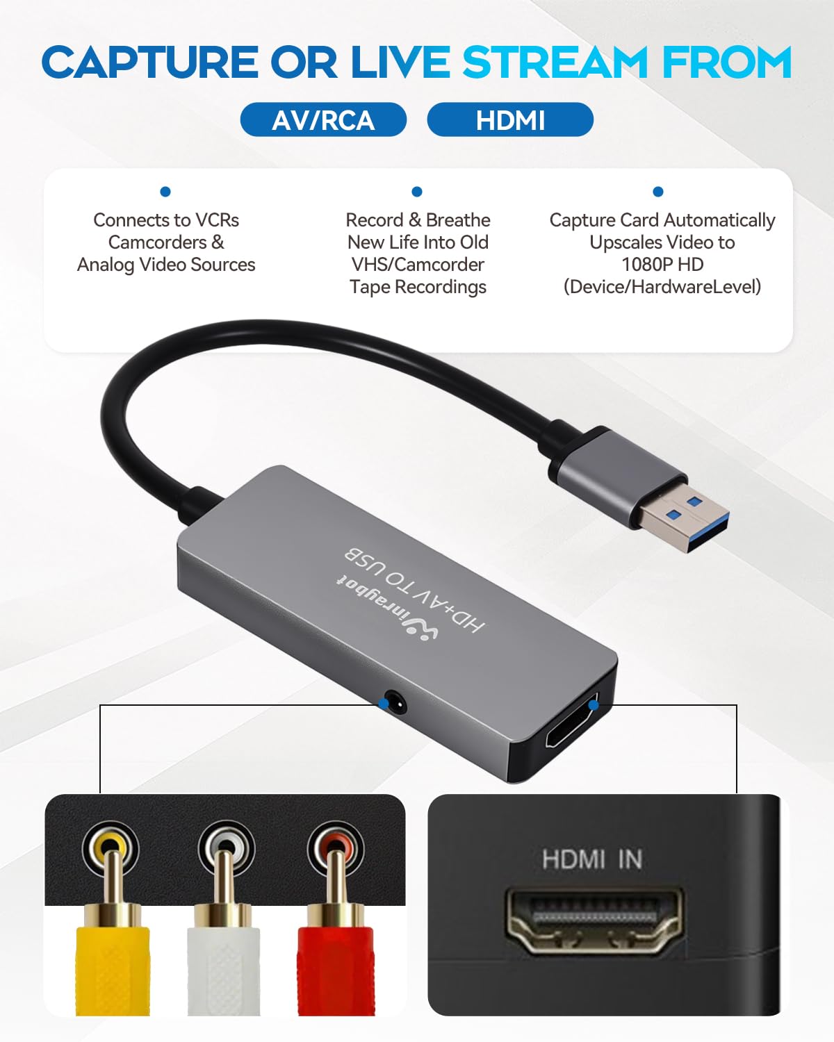 Adaptador de captura de video USB, convertidor VHS a digital, tarjeta de captura de video para VHS, RCA, HI9, HDMI para transmisión de video, conversión VHS/DVD a formato digital, entrada RCA/S-Video