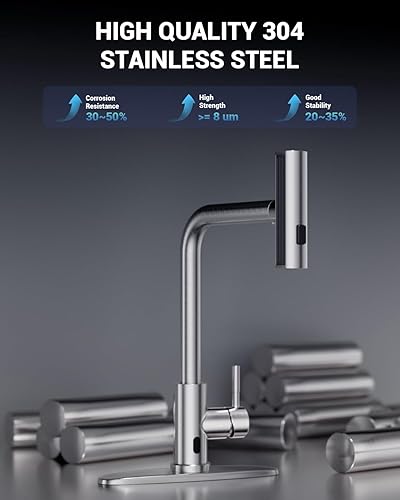 Miniatura 5 de APPASO Grifo de cocina en cascada con rociador extraíble, grifo de cocina de níquel cepillado con rociador de 3 modos, grifo de fregadero de cocina