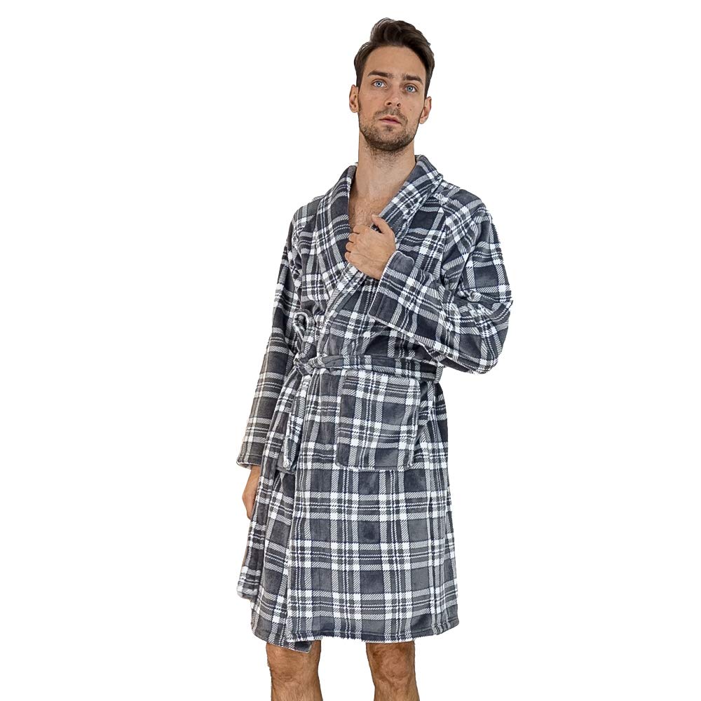 HOME WAY Men's Flannel Bathrobe, Gown, Microfiber, Thick, Bathtub, Room Wear, Loungewear, Fluffy, Fluffy, Absorbent, Warm, Warm, Warm, Moisturizing, Unisex, Long, With Waist Belt Included, Bath Medium Grey Plaid (Flannel, Thick, )