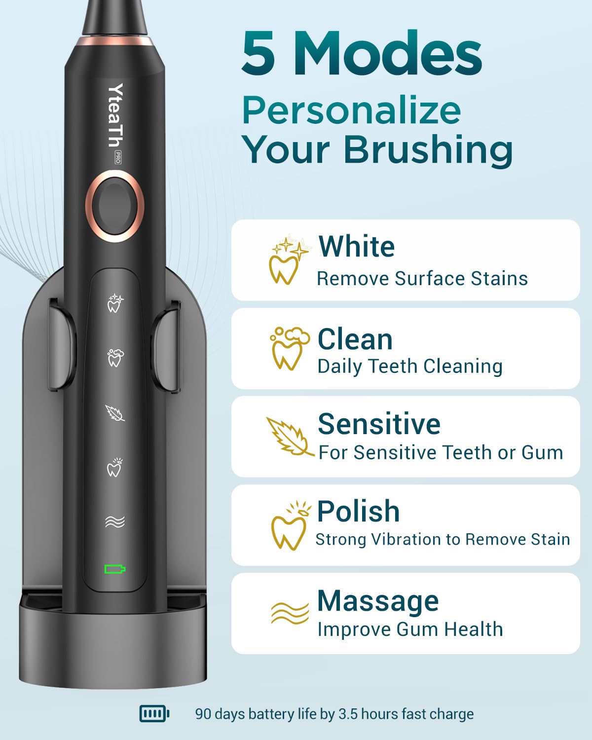 Cepillo de Dientes Eléctrico Sónico para Adultos - Cepillo Electrico con 8 Cabezales y Estuche de Viaje, 5 Modos, IPX7 Impermeable, Cepillo Dientes Electrico Ultrasónicos, Negro Profundo