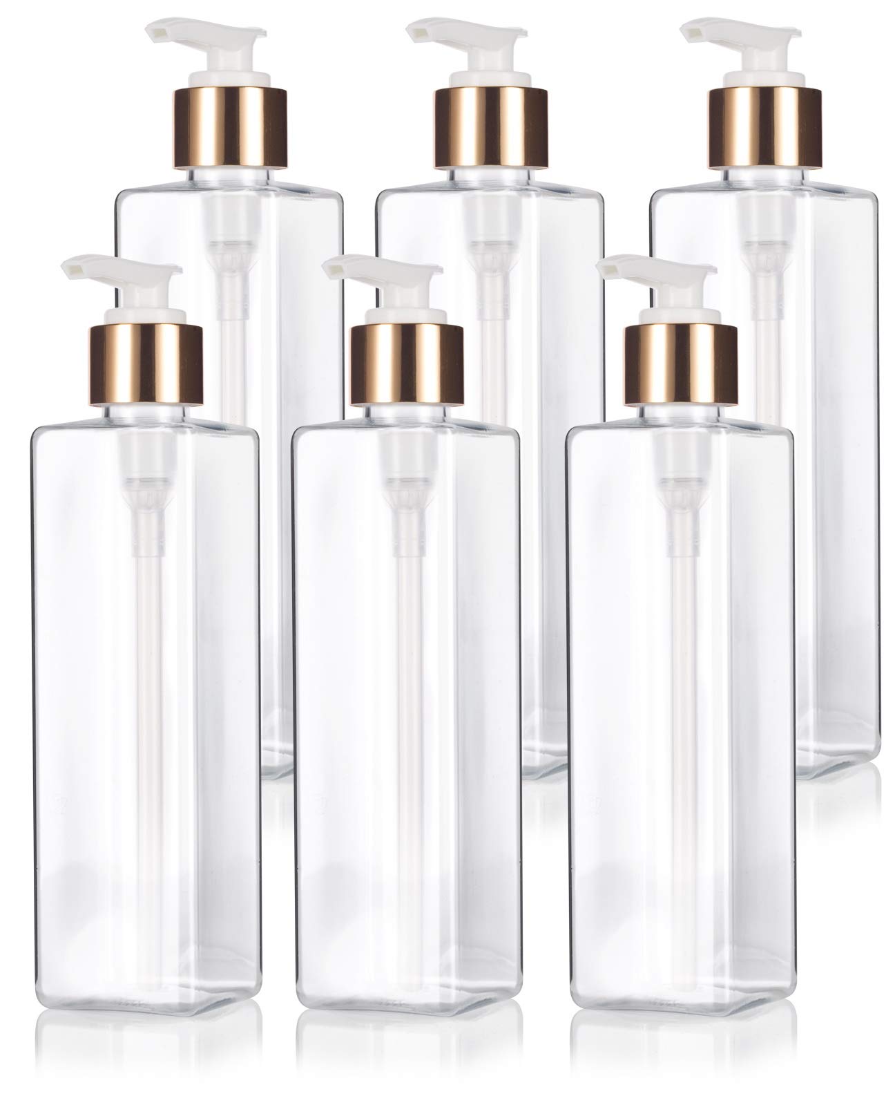 JUVITUSClear 8 oz / 250 ml Square PET Bottles (BPA Free) with Gold Lotion Pump (6 pack) + Labels