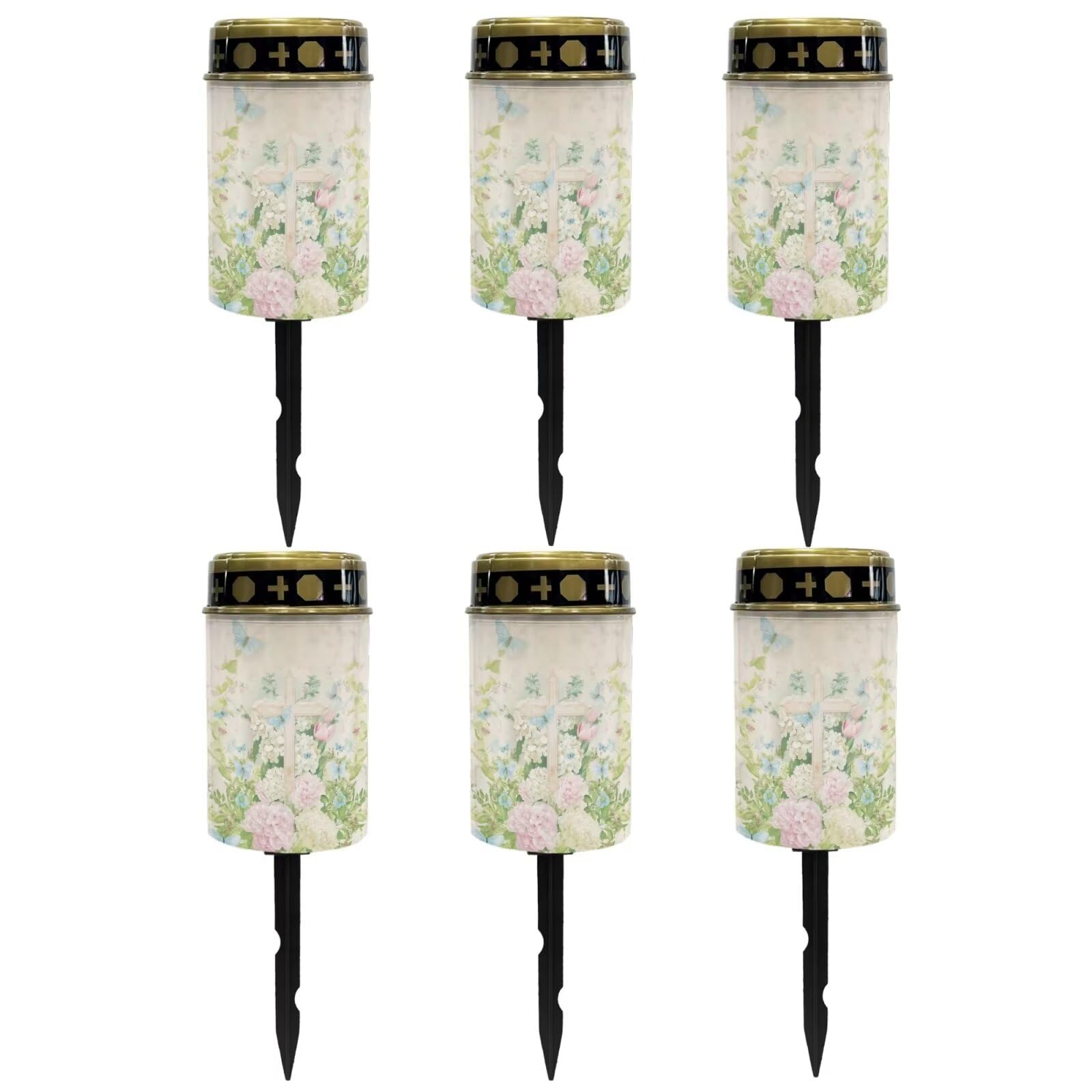 Uorisanigo Cross and Floral Solar Lights Grave Lamp for Outdoor Cemetery Waterproof Cemetery Solar Power Lights Automatic Solar Light Grave Garden Decoration Memorial Gift 6 Pcs