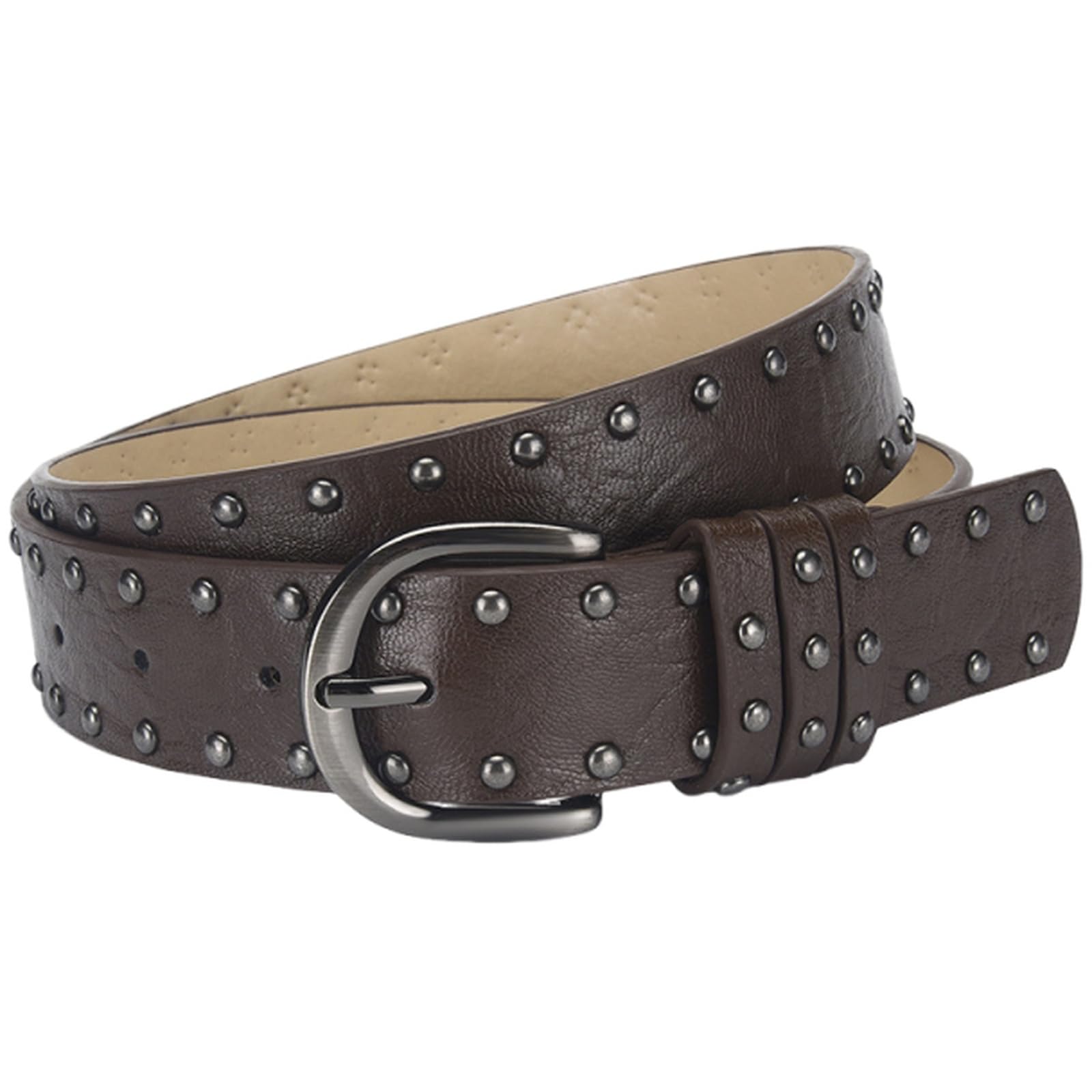 AGUTALITHIC Punk-Rock Studded Belt for Women,Western 2 Row Round Rivet Gothic PU-Leather Strap 33mm for Jeans & Pants Outfits(105cm/41, Brown)