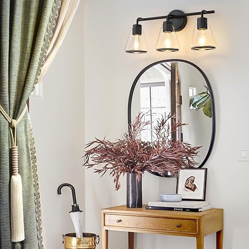 Miniatura 2 de Lámpara negra para tocador de baño, 3 luces, lámparas de baño sobre espejo, accesorios de iluminación con pantalla de vidrio transparente de 22