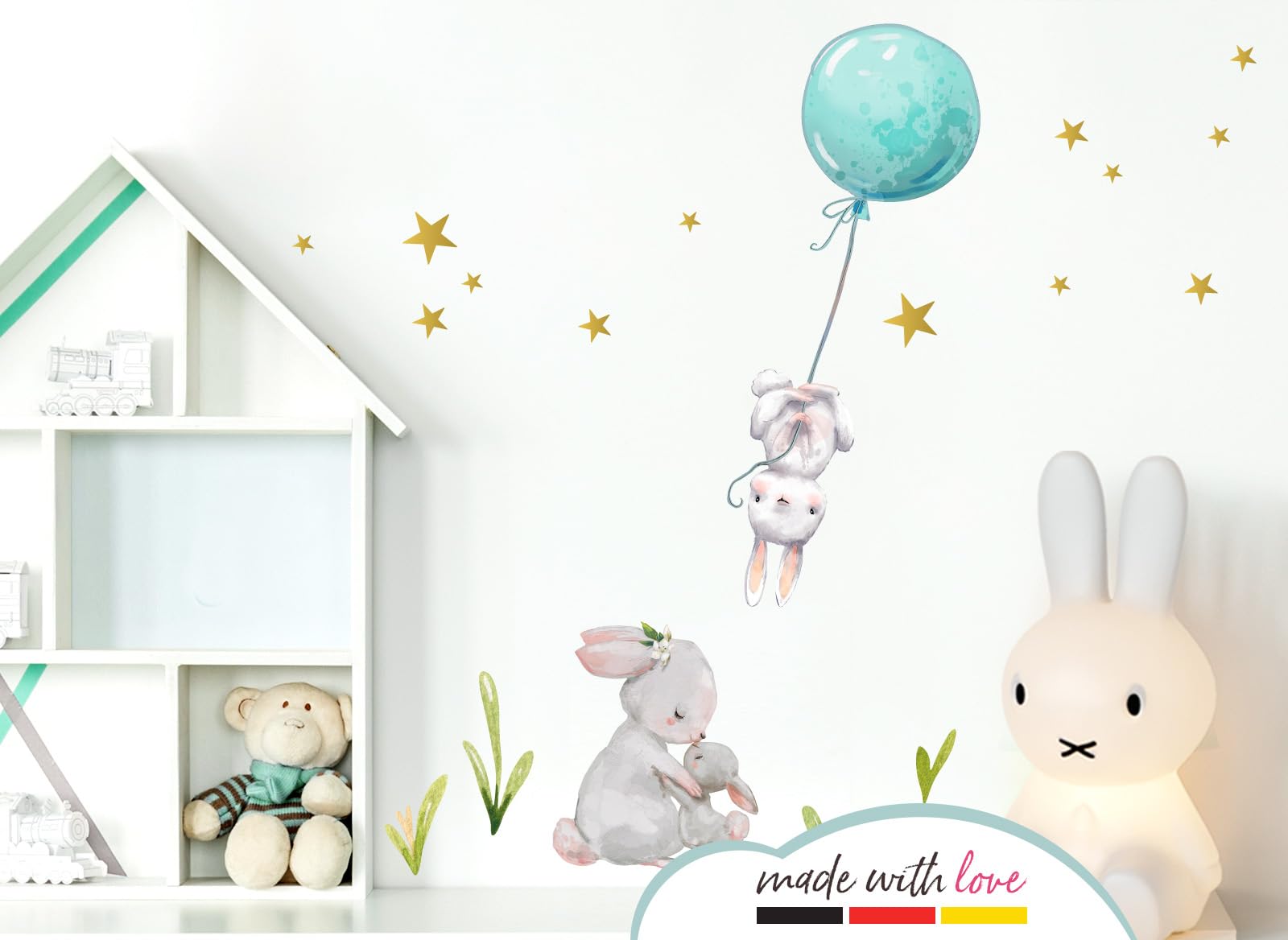 Little Deco adesivo da parete per cameretta dei bambini, motivo cuccioli di orso polare e coniglietti con palloncino giallo, DL209-9