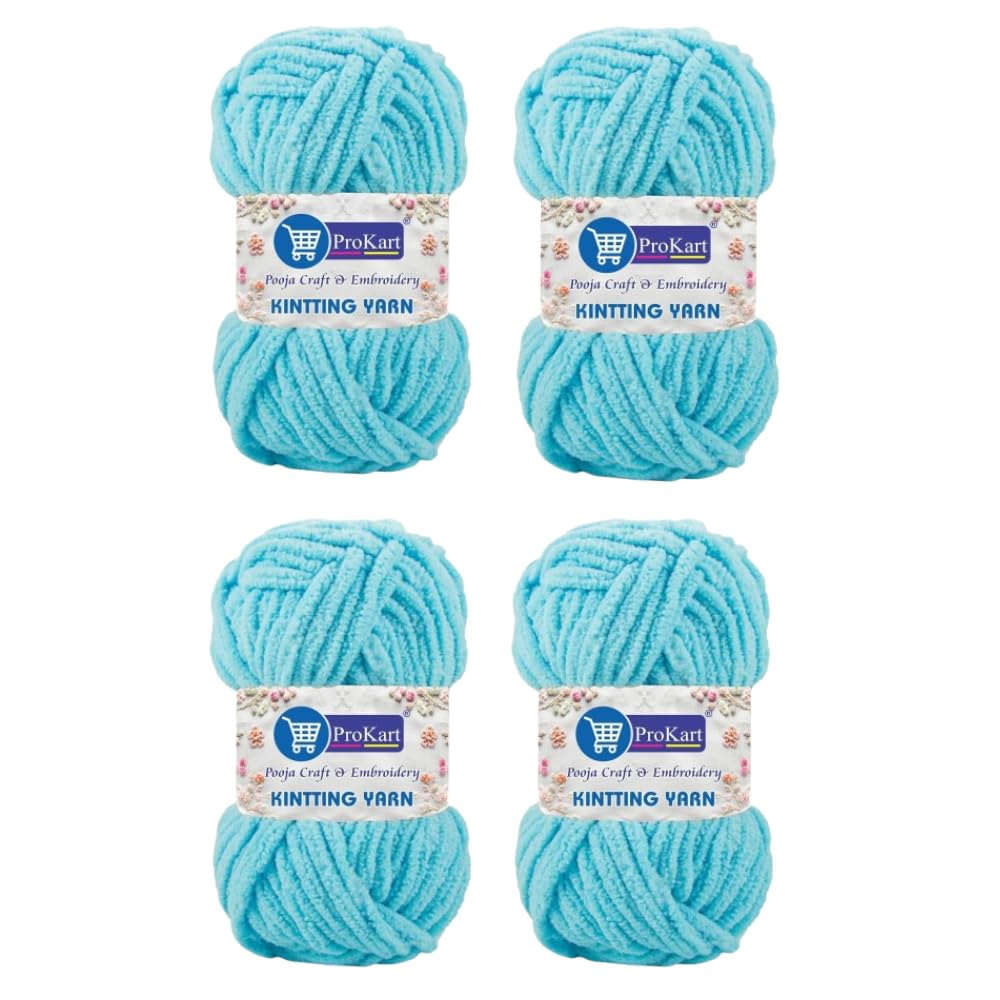ProKart Premium Blankie Wool, Plush & Cuddly, Chenille Yarn Supersoft Hand Knitting Wool Ball | Blanket Thick/Mottu Yarn Ball Suitable for Hand Knitting and Crocheting for Baby, Adult, Sweaters, caps, Throws, Home Furnishing, Scarves, Blankets (Aqua Blue, 100gms x 4 Pack)