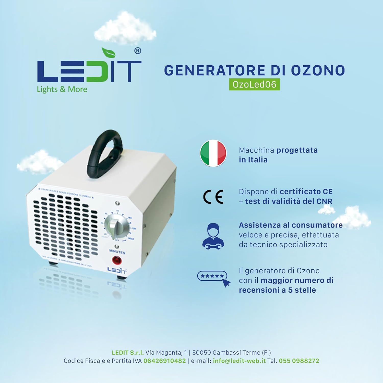 NUOVO Generatore Ozono 10000mgh Ledit - Certificato CE + Certificato CNR - Ozonizzatore progettato in Italia con Timer 120 MIN Uso Professionale e Commerciale, Manuale Istruzioni in Italiano Incluso