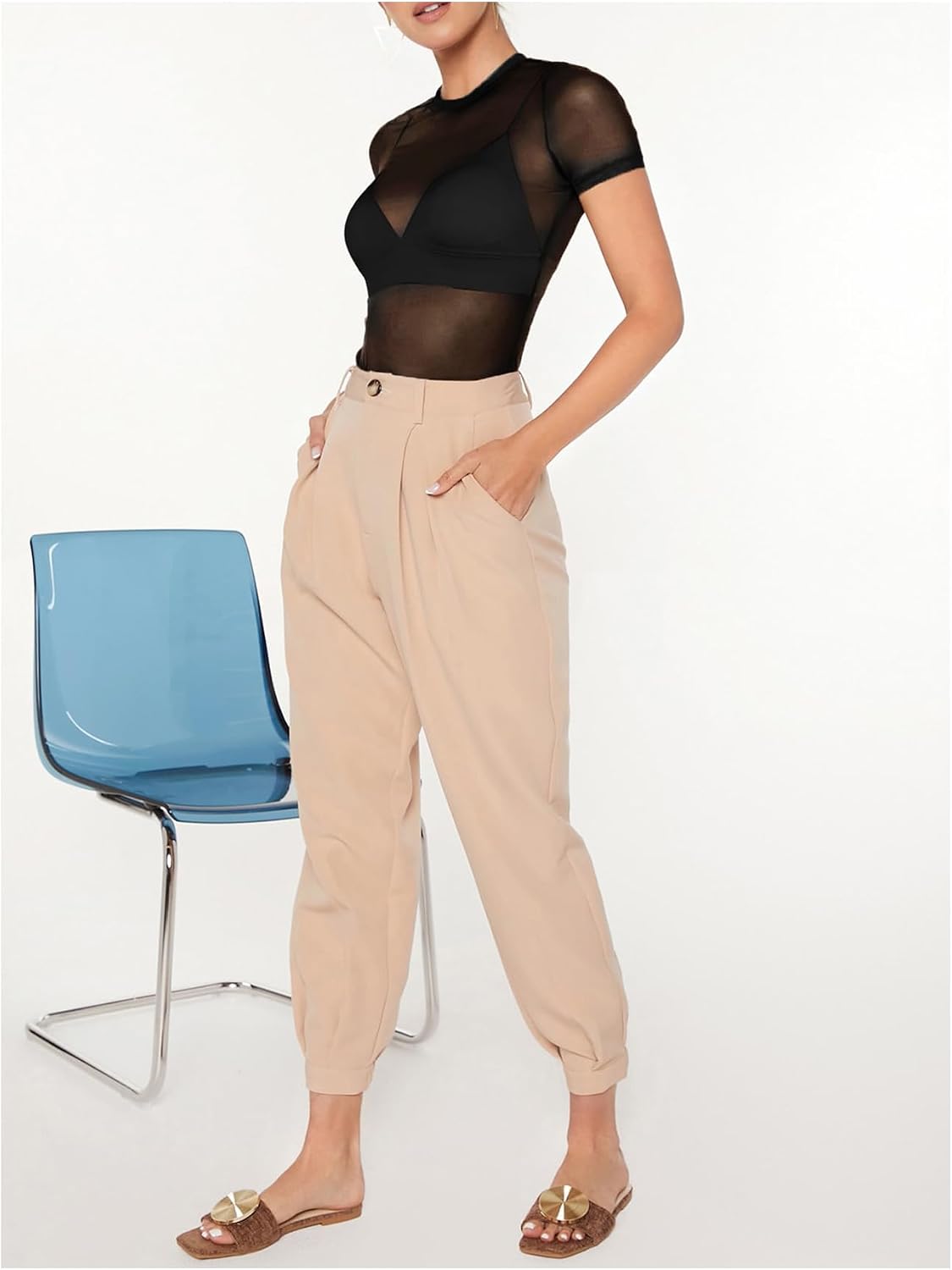 MakeMeChic Women's Concert Outfits Summer Mesh Sheer Shirts Short Sleeve See Through Black Top Blouse