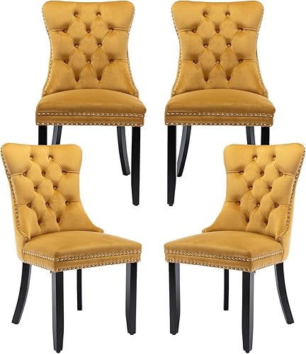 Miniatura 78 de Juego de 6 sillas de comedor marrones, sillas de comedor tapizadas con tela de lino acolchada con capitoné, con respaldo alto, ribete de tachuelas y