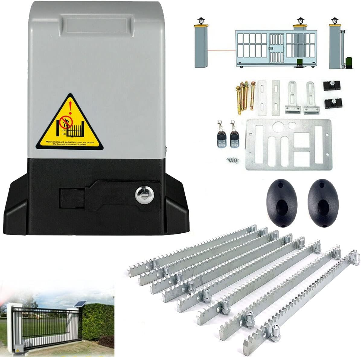 CDZHLTG Electric Sliding Gate Opener Kit 1200KG 550W Automatic Sliding Garage Gate Opener with 2 Remote Controls Garage Door Opener, Rack Driven Security Gate Operator with 2 Infrared Sensors,4m Racks
