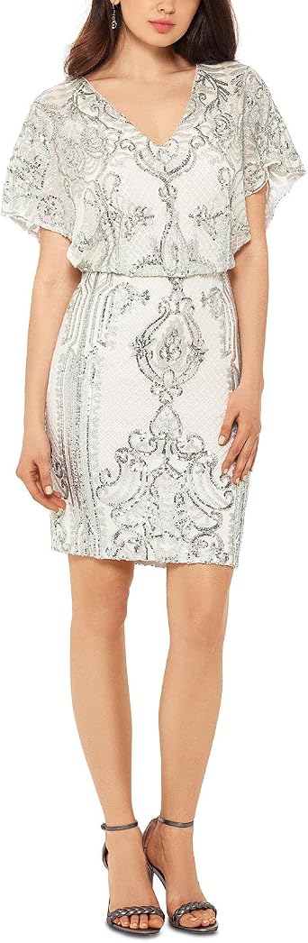 Womens Sequined Blouson Cocktail Dress 