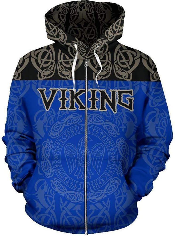 Viking Hoodie, 3D All Over Printed Norse Mythology Rune Tattoo Zip
