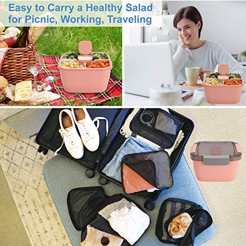 Image of Freshmage Salad Lunch Containers To Go, 2 Pack 52-oz Bowls with 3 Compartments, Dressing Containers for Toppings, Snacks - Pink & Green