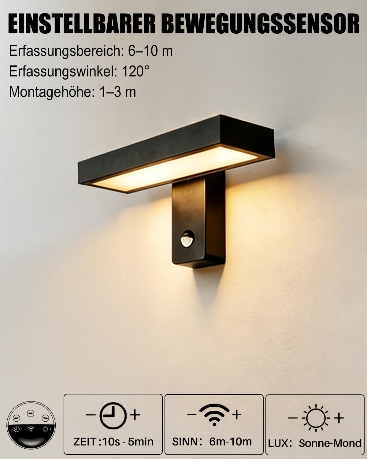 Außenlampe mit Bewegungsmelder, IP65 Aluminium Wandleuchte